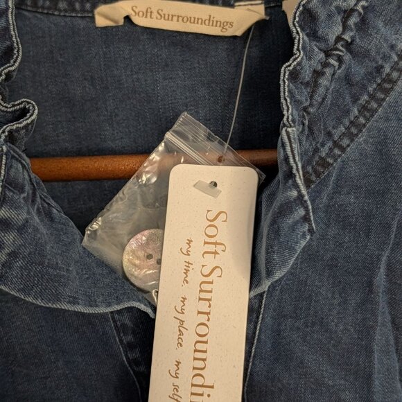 Soft Surroundings Women 2X Tencel Denim Button-Up Shirt Ruffle Collar Split Cuff - Picture 7 of 14